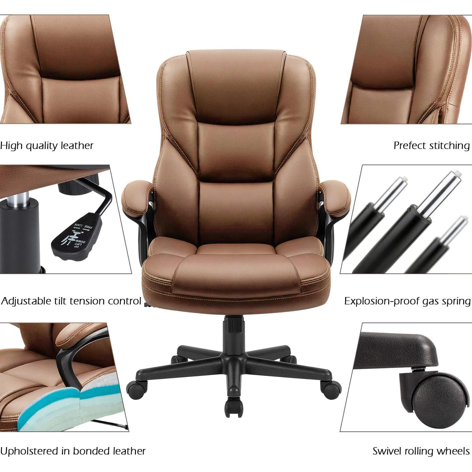 (2, Light Brown) Office Executive Chair High Back Adjustable Managerial Home Desk Chair, Swivel Computer PU Leather Chair with Lumbar Support