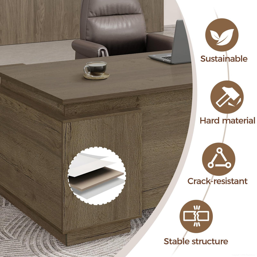 63" L-Shaped Executive Desk with Reversible Return, Compact Office Desk with Locking Drawers, Open Storage Cabinet, Cable Management Box, Front Privacy Panel, Rustic Brown