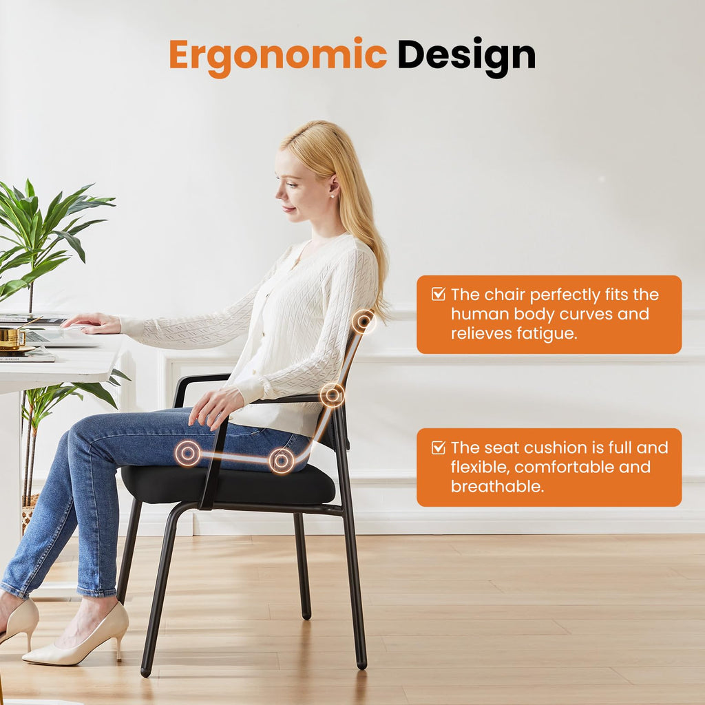 4 Pack Black, Mesh Back Stacking Arm Chairs, Upholstered Fabric Stacking Chairs, Sturdy Metal Office Chairs, Easy to Use and Store, Outdoor and Indoor, for Home, School, Party, Church
