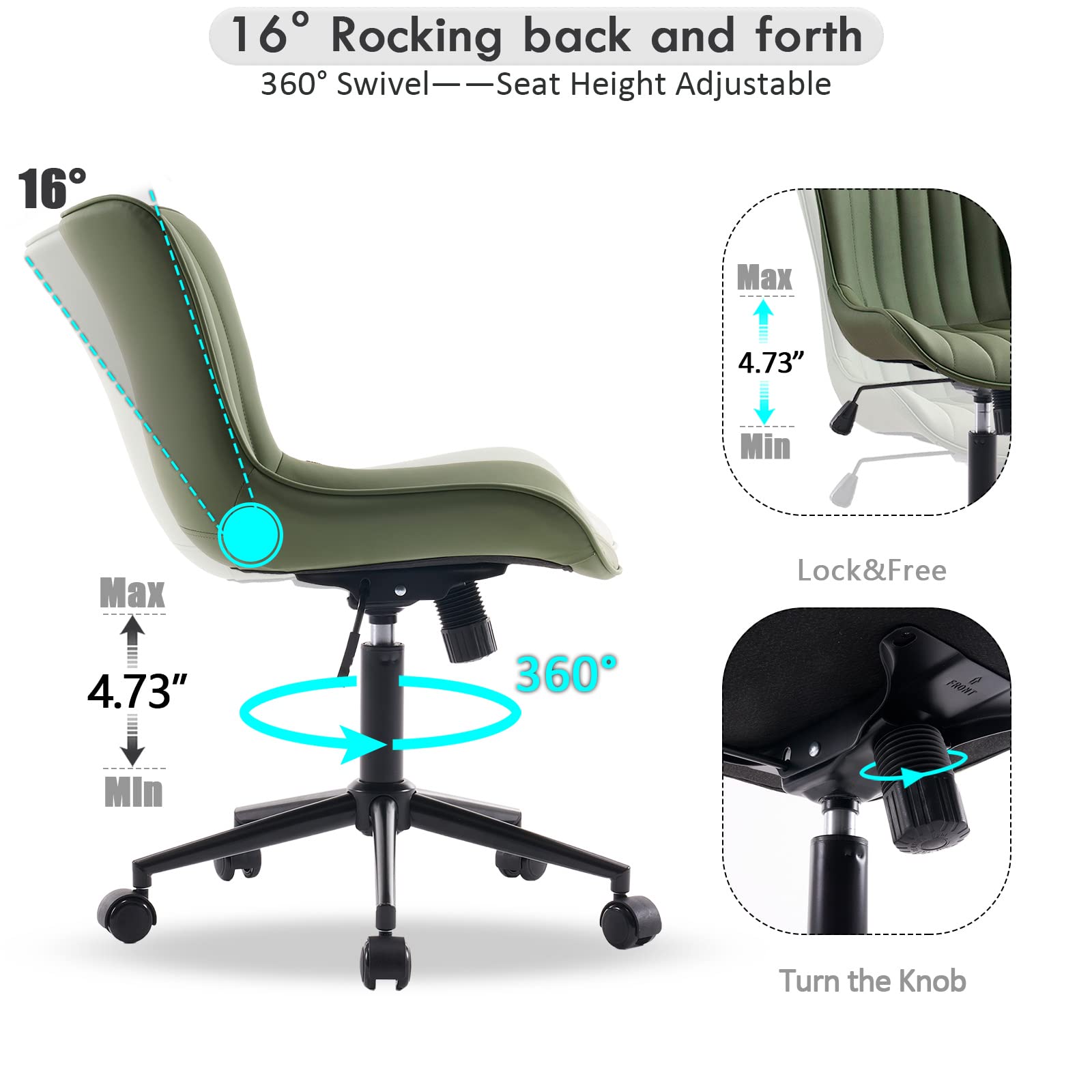 Olive Green Office Desk Chair with Wheels Armless Compact Comfy Vanity Chair with Adjustable Back Modern Small Faux Leather Upholstered Swivel Rolling Computer Task Chair No Arms