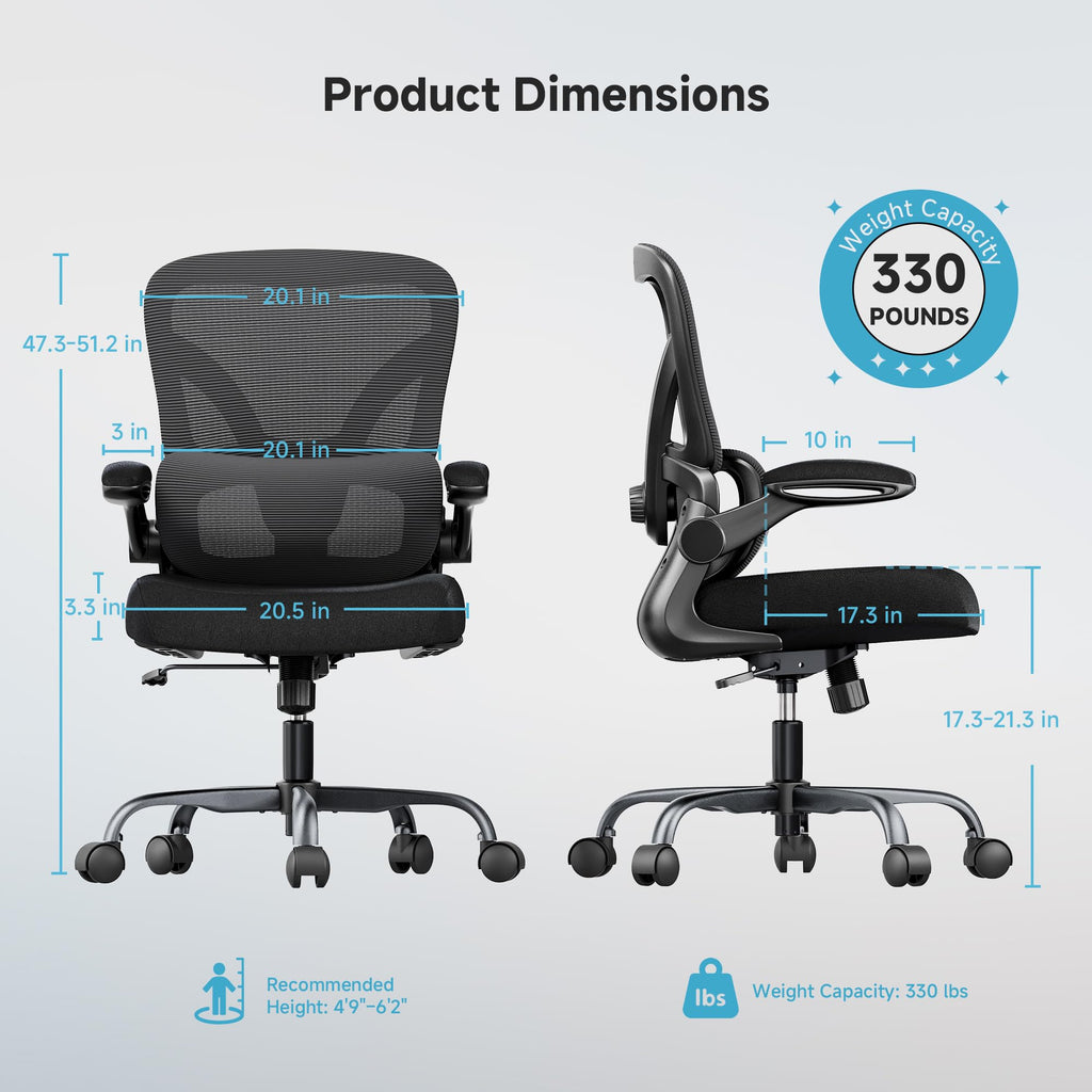 Mesh Office Chair, 330LBS Ergonomic Desk Chair with Adjustable Lumbar Support, Executive Computer Chairs for Home Office, Black