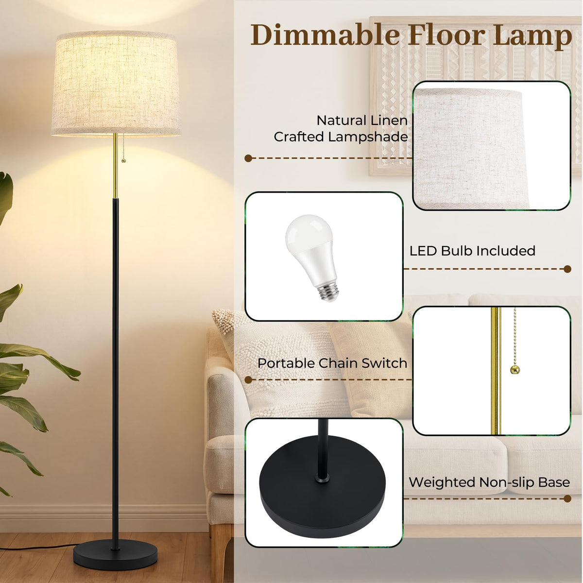 Floor Lamps for Living Room & Bedroom, 60" Modern Tall Standing Lamp, 3CCT