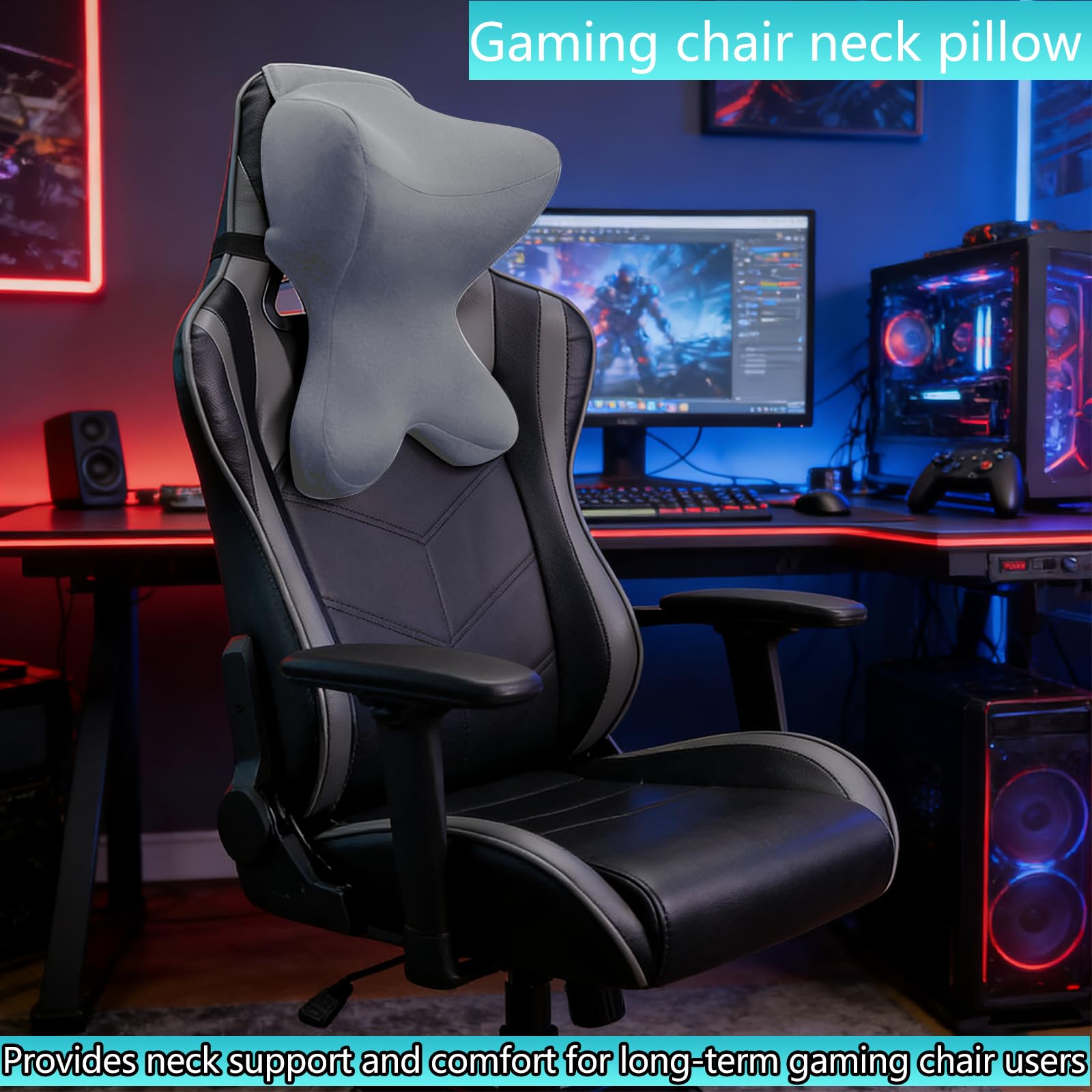 Headrest Pillow/Gaming Chair Pillow with Adjustable Strap Removable Cover Ergonomic Design Neck Support Pillow for Car, Office Chair, Gaming Chair (Grey)