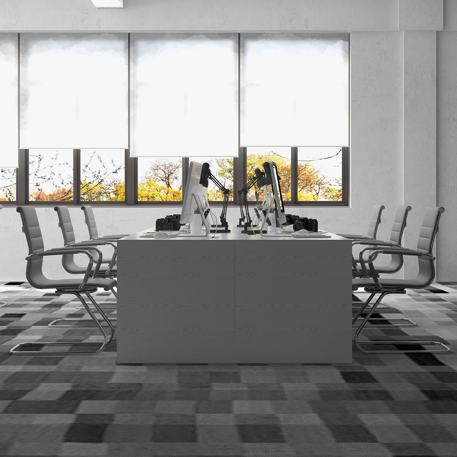 Conference Room Chairs Set of 4, Waiting Room Chairs with Arms, Faux Leather Reception Chairs No Wheels, Office Guest Chairs with Mid Back Support and Chrome Sled Base, Grey