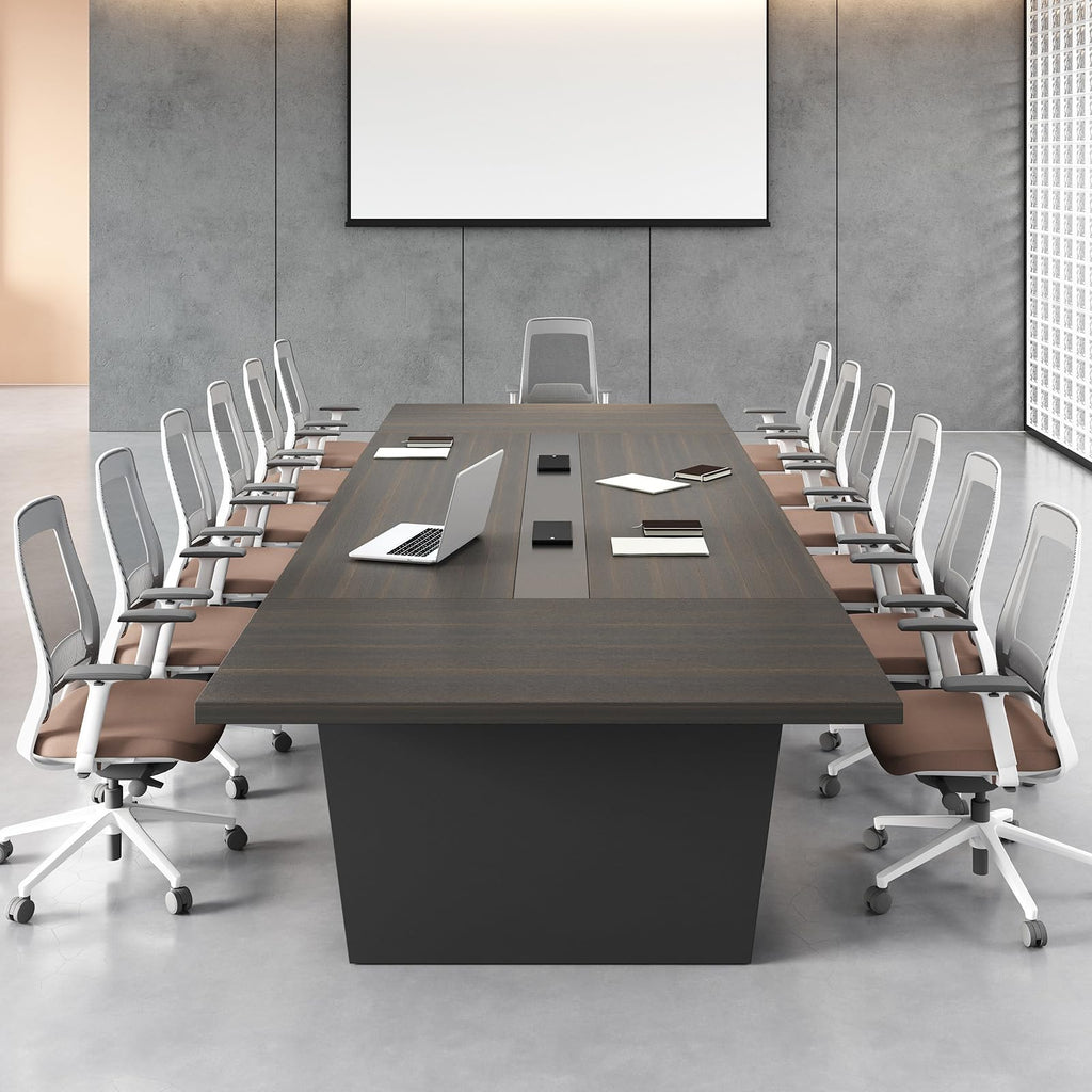 10FT Conference Table, Large Meeting Table for 10 People, Business Style Training Table with Charging Stations & 2" Thickened TableTop for Office Conference (Smoked Walnut & Gray, 118"L * 51"W * 30"H)