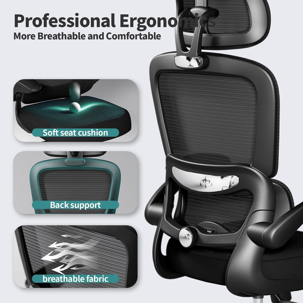 Office Chair Ergonomic Desk Chair, 330 LBS Home Mesh Office Desk Chairs with Wheels, Comfortable Gaming Chairs (Black)