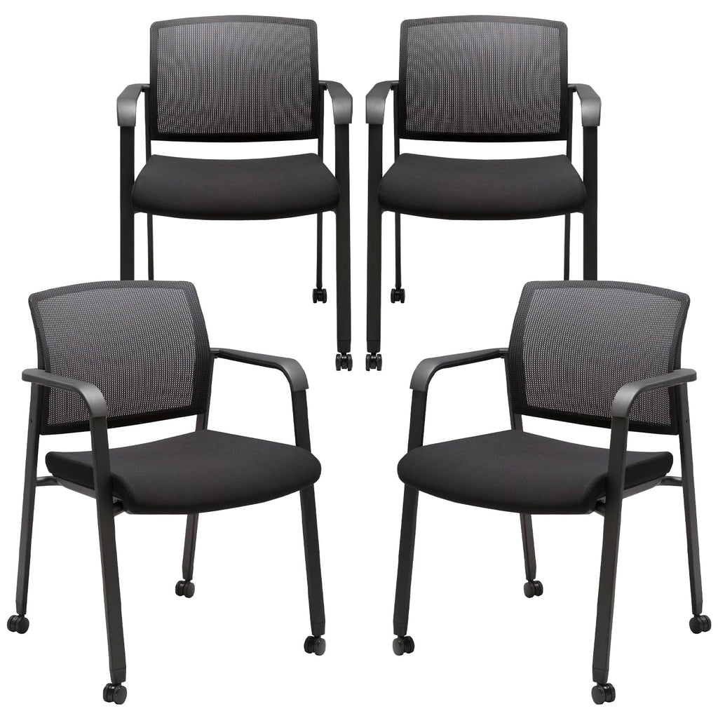 Mesh Back Guest Reception Arm Chairs with Wheels, Waiting Room Chairs with Upholstered Fabric Seat and Ergonomic Lumbar Support for Office