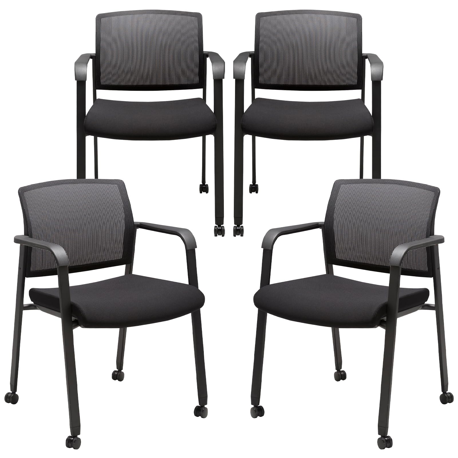 Mesh Back Guest Reception Arm Chairs with Wheels, Waiting Room Chairs with Upholstered Fabric Seat and Ergonomic Lumbar Support for Office