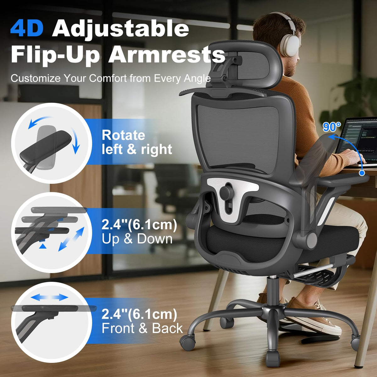 Ergonomic Office Chair, Home Computer Chair with 3D Adjustable Headrest and 4D Flip-Up Armrests, Adjustable Lumbar Support, Suitable for Office, Black