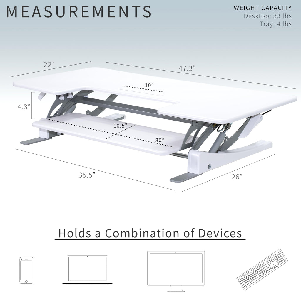 48 inch Height Adjustable Large Stand Up Desk Converter, V Series, Quick Sit to Stand Tabletop Dual Monitor Riser Workstation, White, DESK