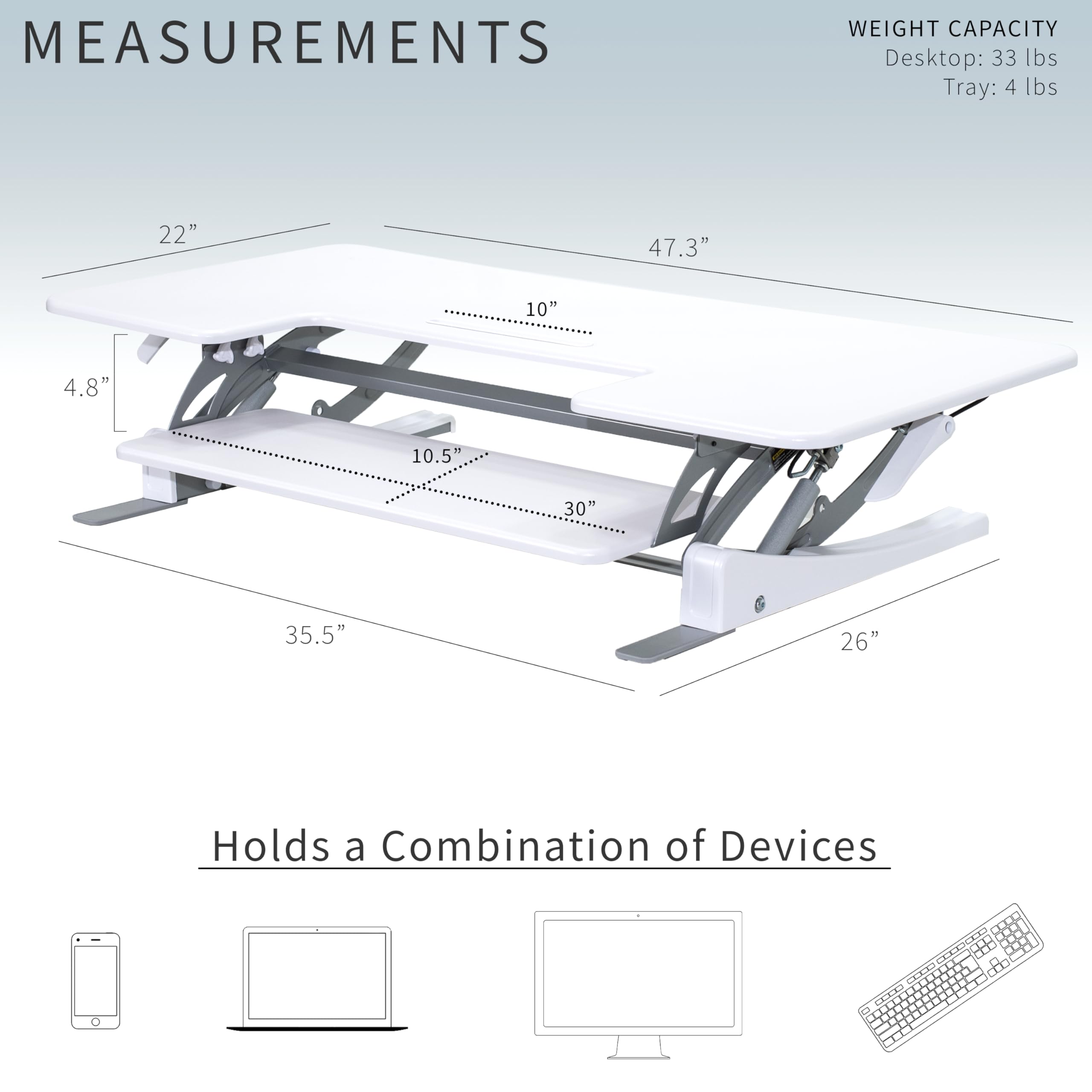 48 inch Height Adjustable Large Stand Up Desk Converter, V Series, Quick Sit to Stand Tabletop Dual Monitor Riser Workstation, White, DESK