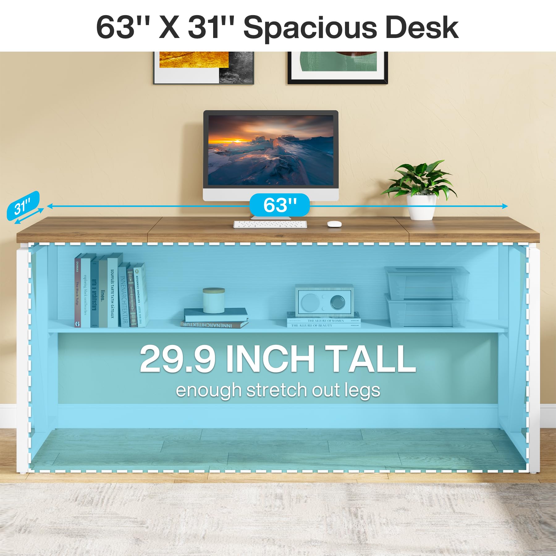 63" Executive Computer Desk and lateral File Cabinet, 2 Piece Home Office Furniture for Hanging File, Cabinet with Doors