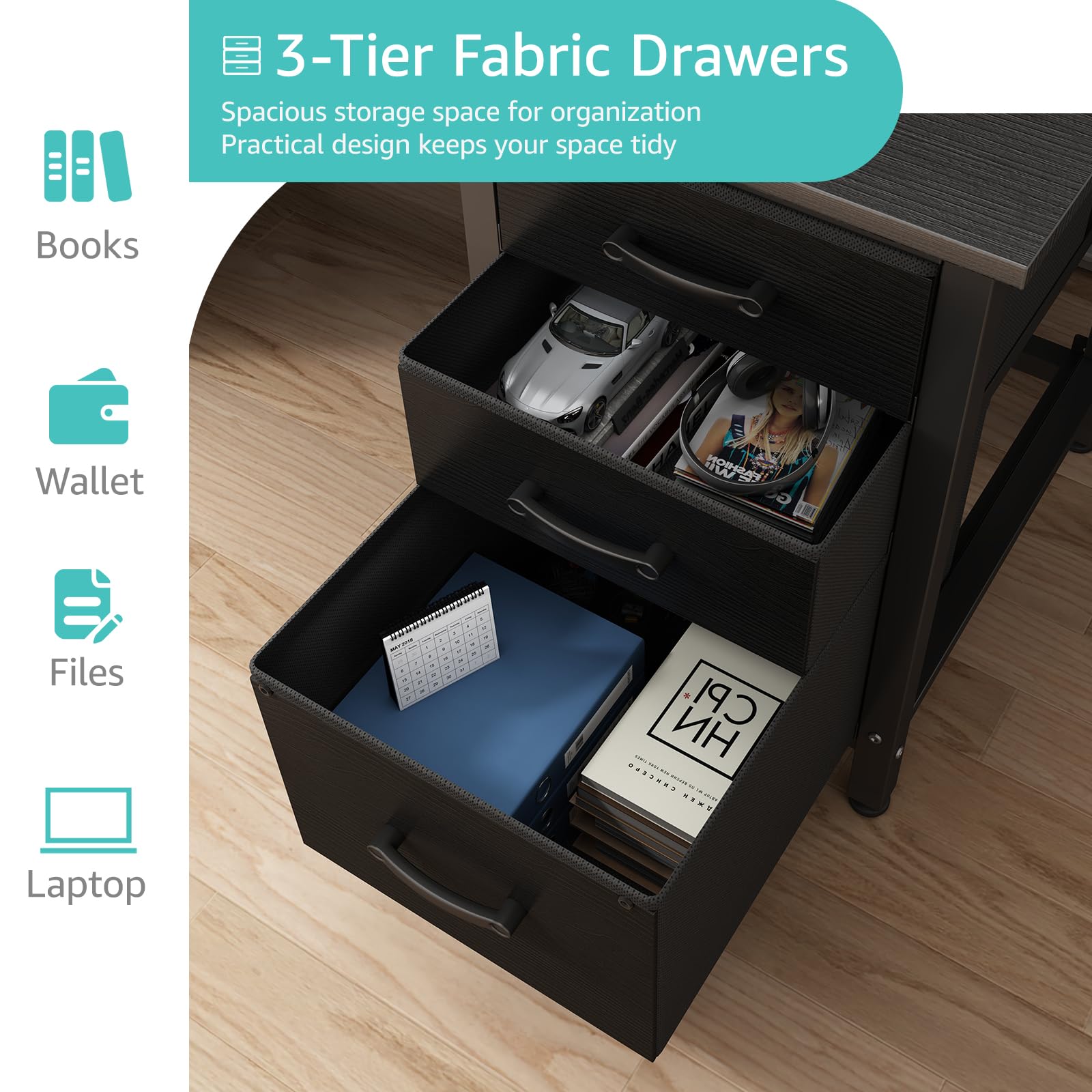 Computer Desk with File Drawers Cabinet, 47 Inch Reversible Home Office Desks with Filing Cabinet for Small Space, Gaming Study Writing Table PC Desks, Black
