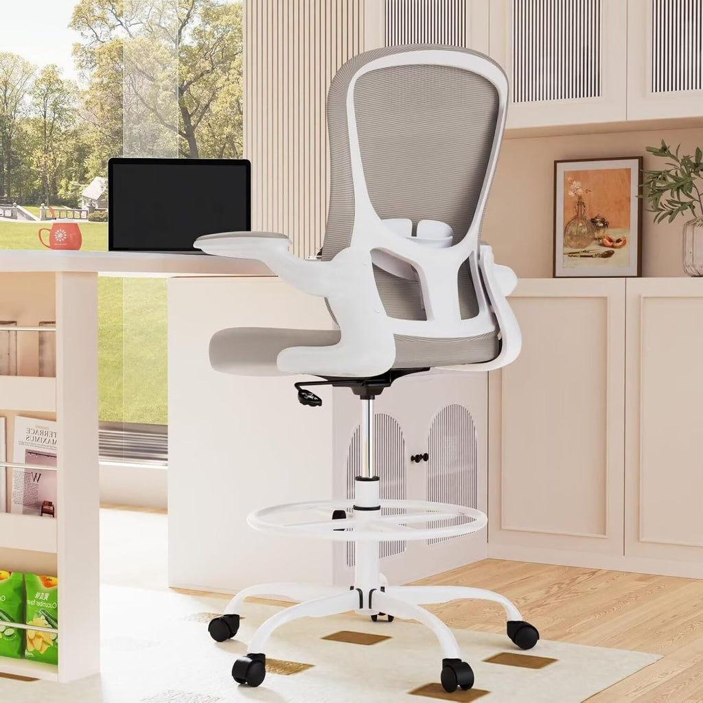 Drafting Chair Tall Office Standing Executive Ergonomic Computer Chair with Flip-Up Armrests, Adjustable Footrest Ring, Lumbar Support, Adjustable Swivel Desk Chair for Home Office (Light Grey)