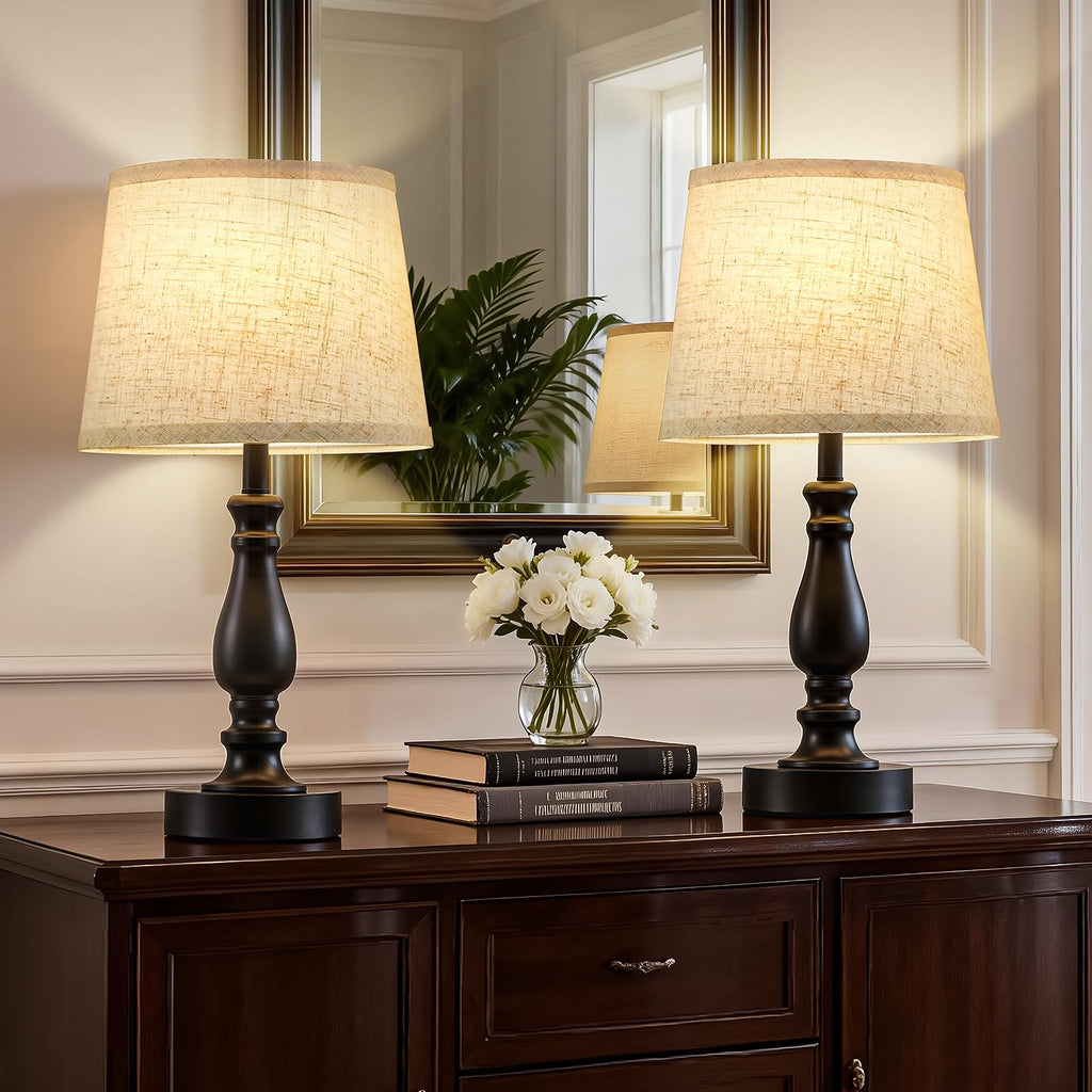 Table Lamp Set of 2-19" Small Bedside Lamps Modern Lamp for Bedroom Living Room Lamps for Night Stands - Desk Lamps for Home Office End Tables Nightstand Lamps with Beige Linen Shades