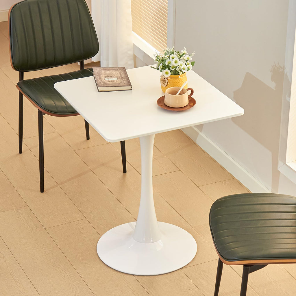 Hansweld Square Dining Table, 24" Tulip Table with Thickened Tabletop & Metal Pedestal, Mid Century Modern Bistro Table for Kitchen, Small Places, Living Room, Cafe (White)