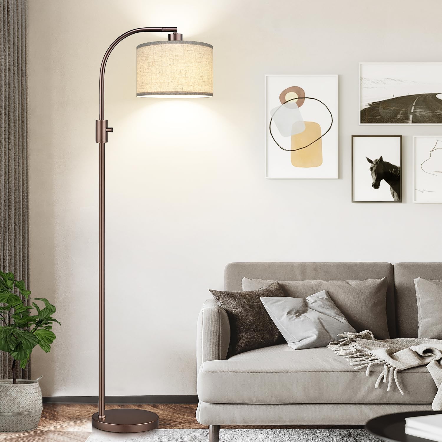 Upgraded Modern Arc Dimmable Tall Standing Floor Lamp with Linen Shade, 1200 Lumens LED Bulb Included, for Living & Reading Room, Bedroom, Office & Nursery, Brown