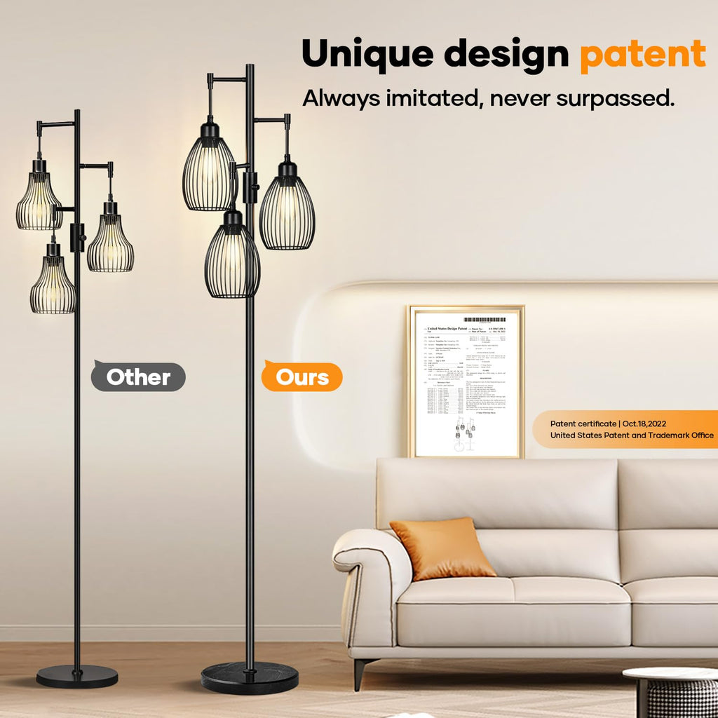 Floor Lamp,3x800LM LED Bulbs Included, Farmhouse Industrial Floor Lamp Standing Tree Lamp with Teardrop Cage Head Tall Lamp for Living Room Bedroom Office Dining Room - Black & Marble Base