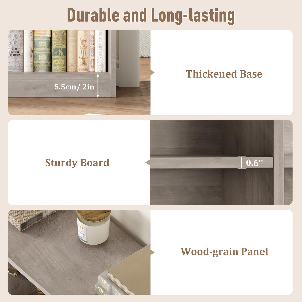 Bookshelf Tall Bookcase, 6-Tier Double Wide Bookshelves,Wash Grey