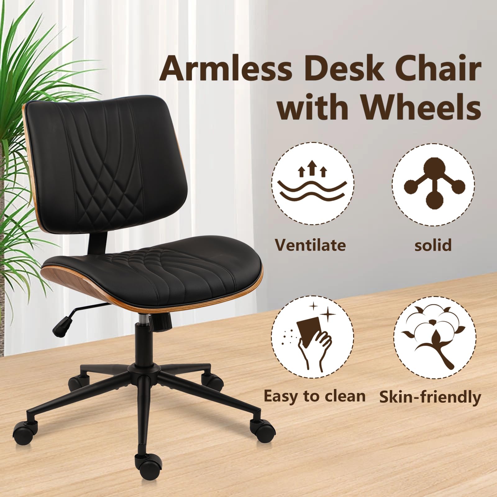 Armless Home Office Chair, Desk Chair with Wheels, Adjustable Height Reading Chair, Leather Mid Back & Swivel Computer Chair, Modern Walnut Chairs with Back for Studio Meeting Room(Black)