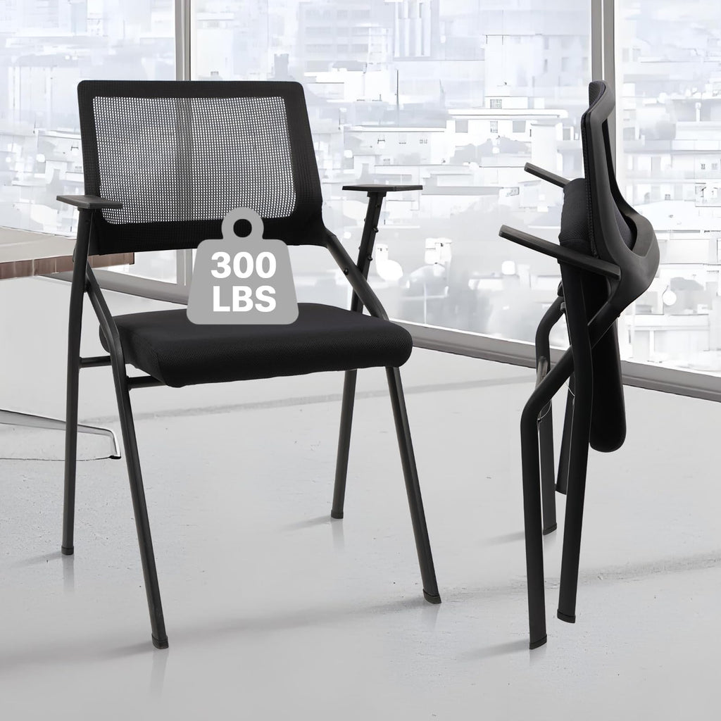 (2pk) Stackable & Foldable Office Chairs with Ergonomic Lumbar Support and Thickened Seat Cushion, Folding Mesh Fabric Reception Guest Chair for School Church Lobby Conference Room, Black