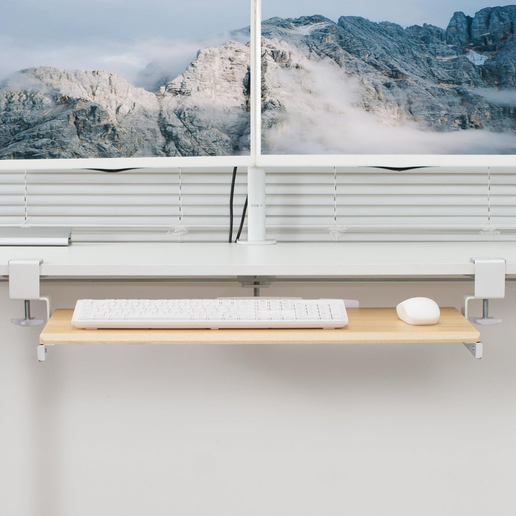 Large Clamp-on Computer Keyboard and Mouse Under Desk Slider Tray, 27 x 11 inch Pull Out Platform Drawer, Light Wood