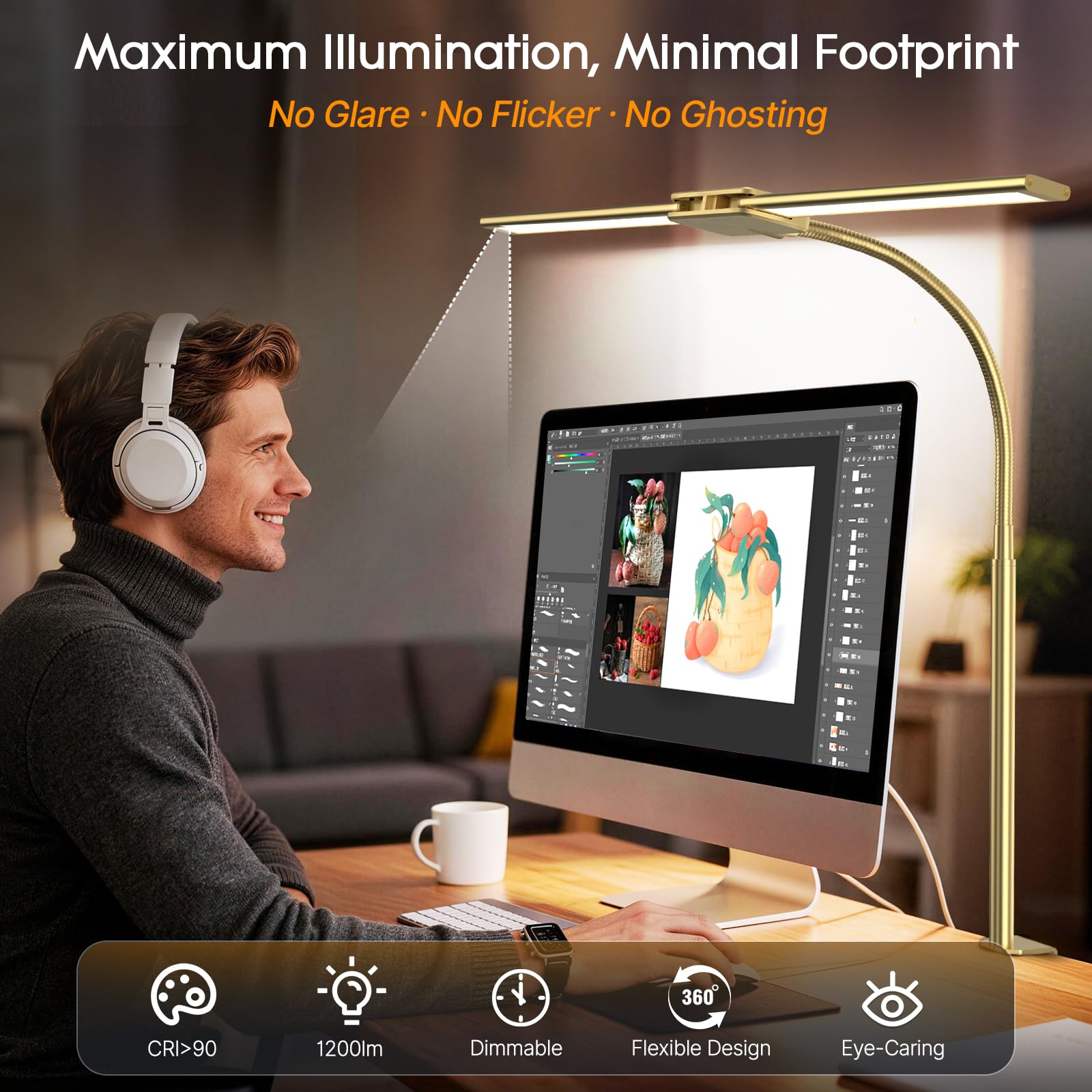LED Desk Lamp for Office, Dual Head Eye-Care Architect Table Lamp, Gesture/Wired Control, Flexible Neck, Bright Desk Light with Memory/Timer, 50 Lighting Modes for Study, Drafting, Gold
