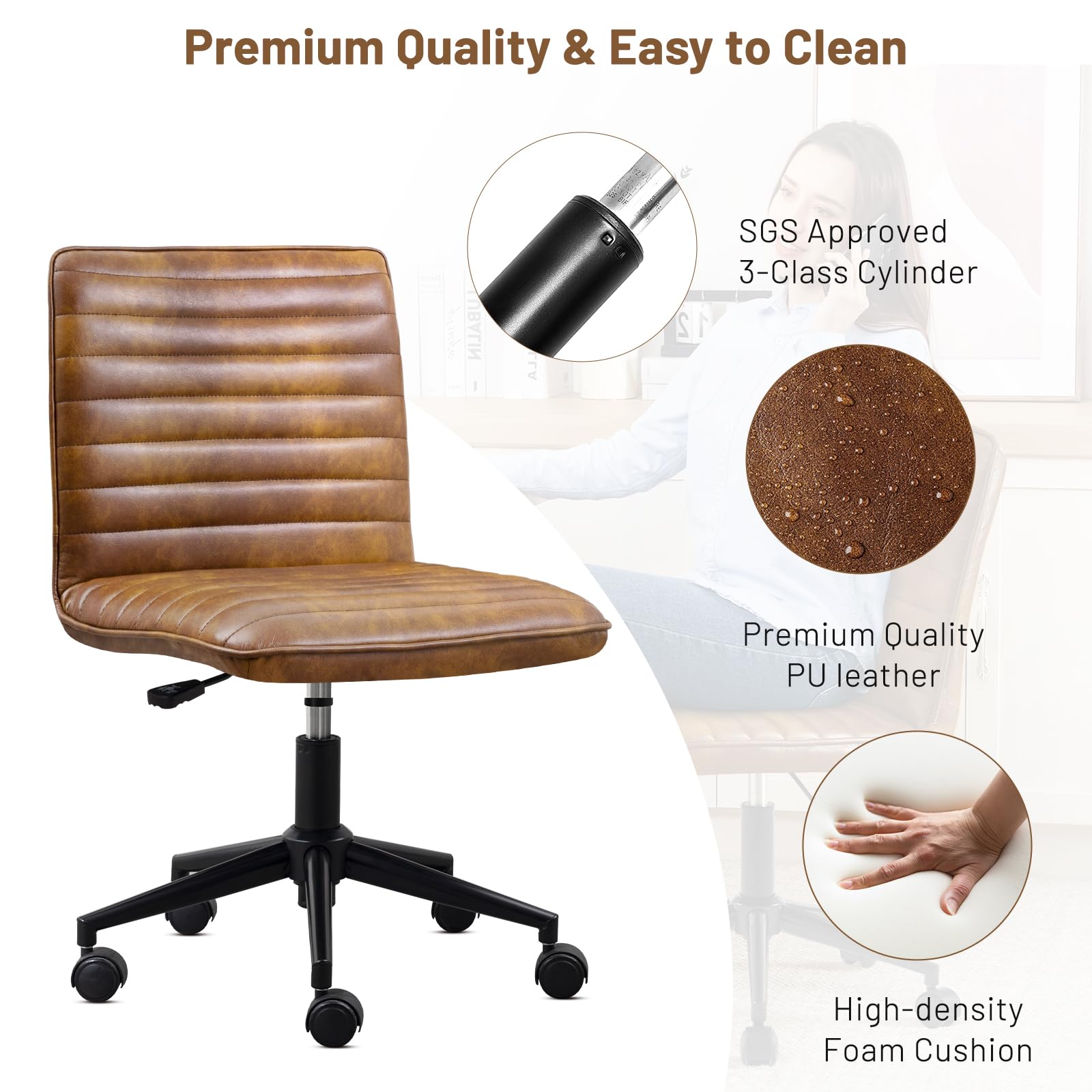 Leather Office Chair with Wheels Armless Vanity Desk Chair 360° Swivel Computer Rolling Chair with Mid Back, Height Adjustable Accent Chairs with Gold Metal Base Stool, PU YellowBrown