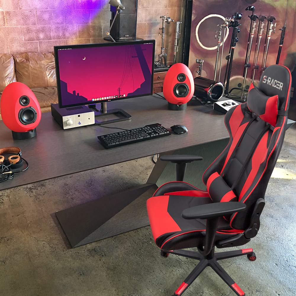 Gaming Chair, Office Chair High Back Computer Chair Leather Desk Chair Racing Executive Ergonomic Adjustable Swivel Task Chair with Headrest and Lumbar Support (Red)
