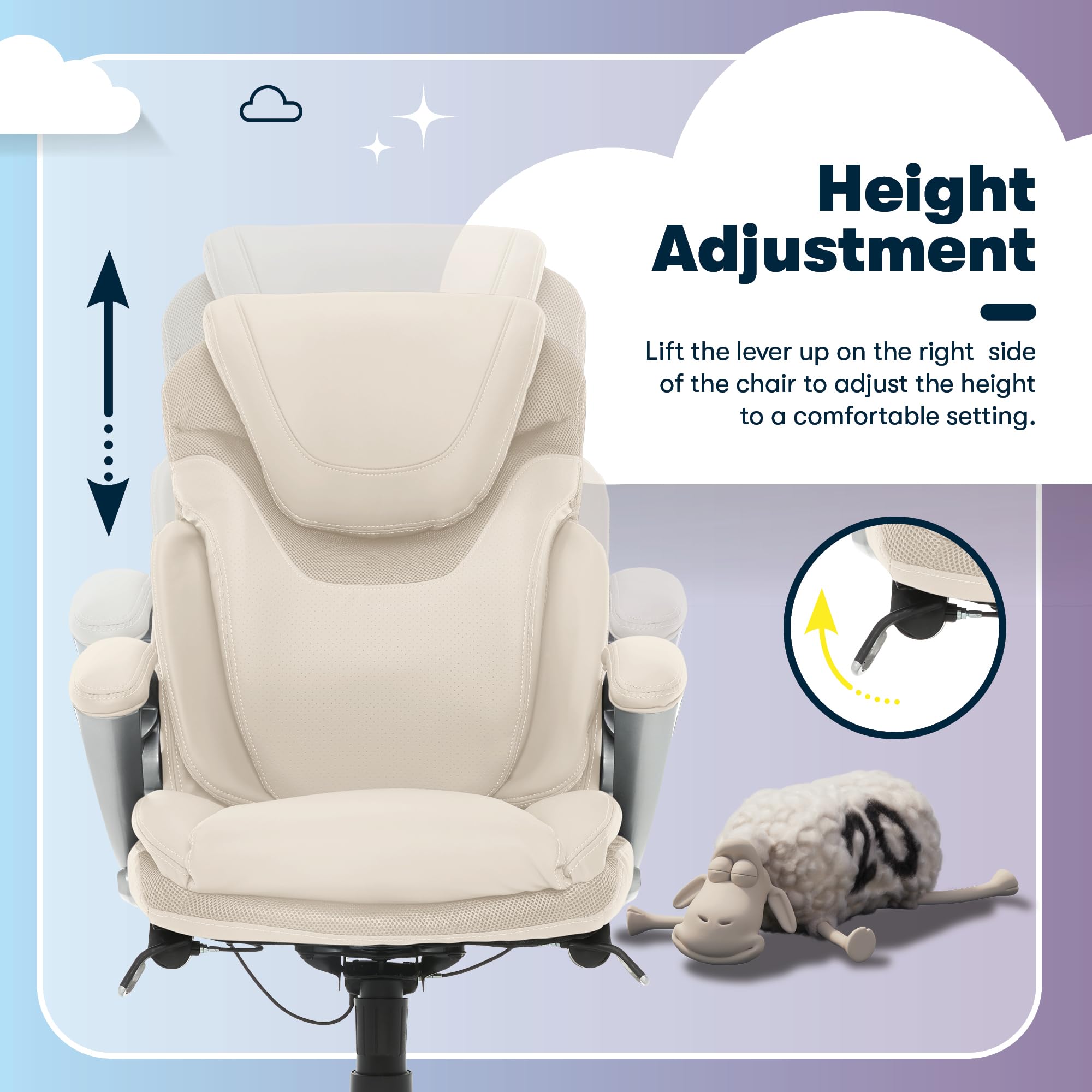 Executive Office Chair - Ergonomic Computer DeskChair with Lumbar Technology - Adjustable Height - Memory Foam Body Pillows - 360° Swivel Rolling Base - Bonded Leather - Cream