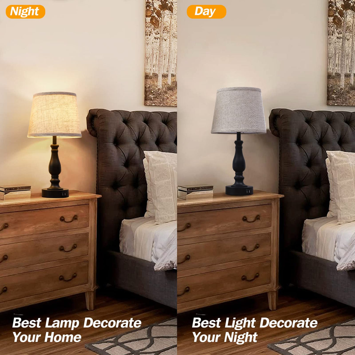 Table Lamps Set of 2, Bedside Nightstand Lamps with USB Charging Ports,Dimmable Touch with Linen Fabric Lampshade, Modern Small Lamp for Bedrooms, Living Room (Bulbs Included)