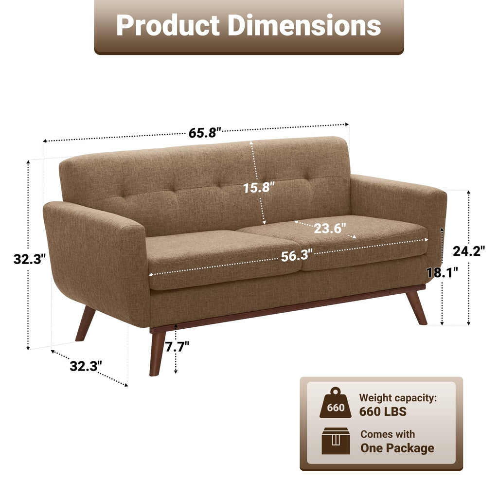 65.2" W Loveseat Sofa, Solid & Easy to Install Small Couch for Bedroom Office Apartment, Brown