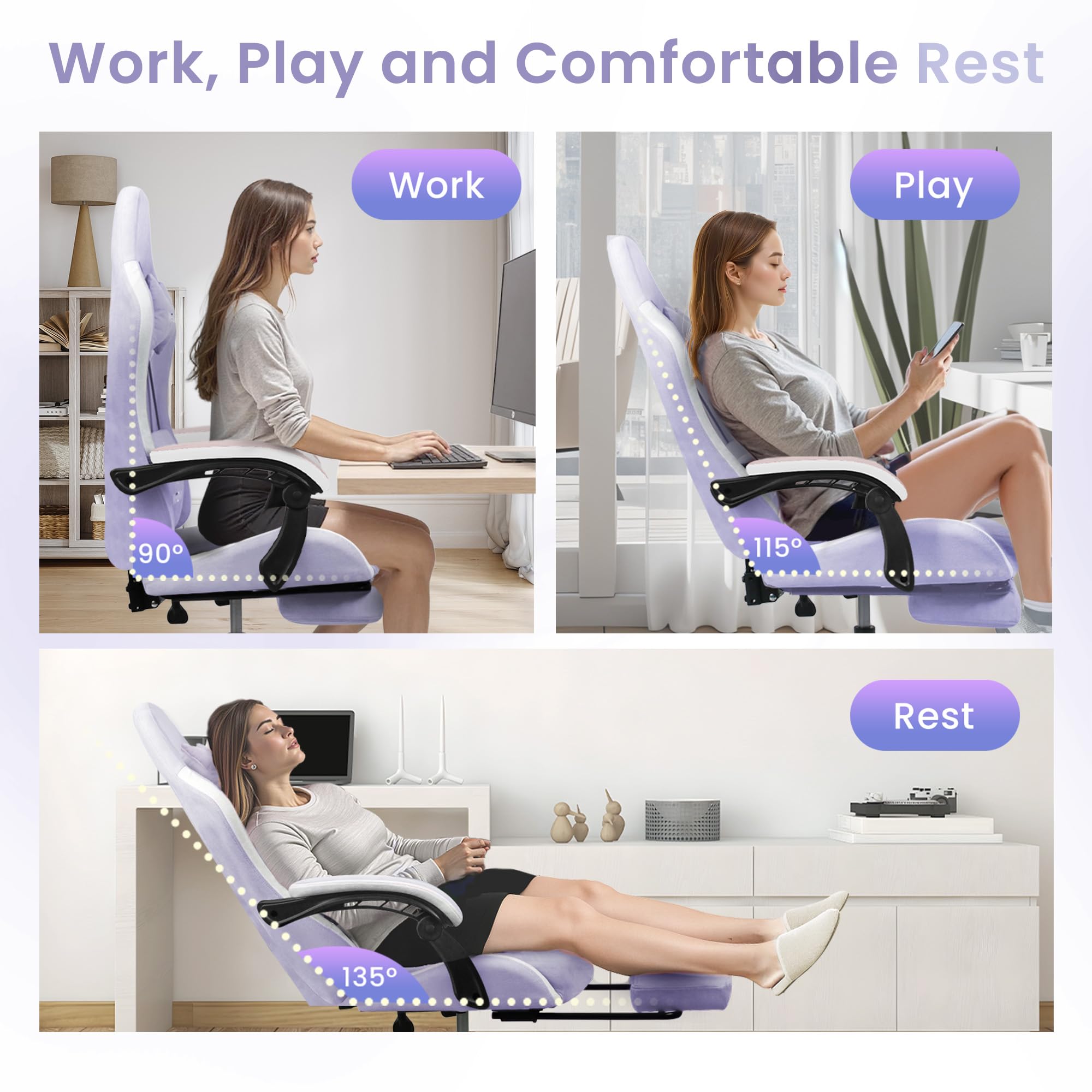 Gaming Chair with Footrest Lumbar Support for Home Office High Back Recliner Height Adjustable Ergonomic Comfy Fabric Computer Desk Chair (Purple)