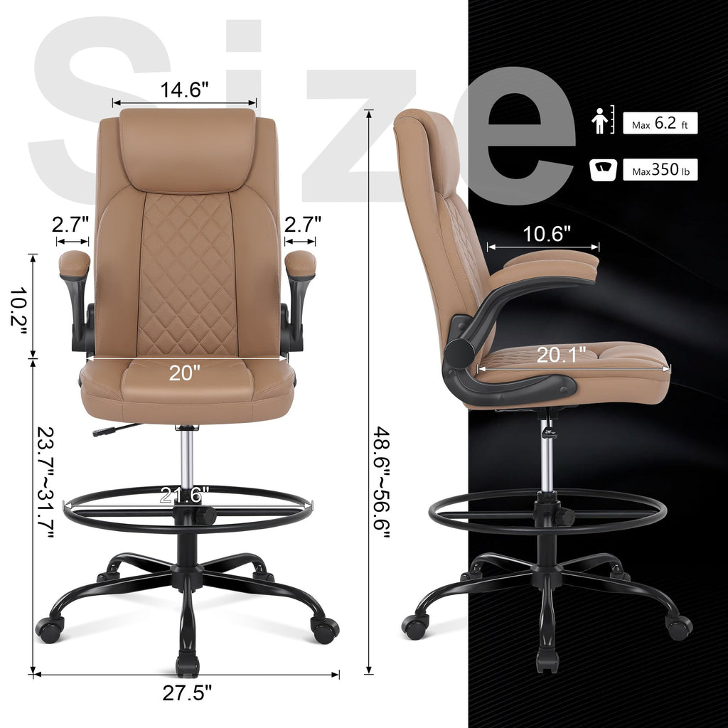 Drafting Chair, Tall Office Chair for Standing Desk, Standing Chair with Adjustable Height and Flip-up Armrest, Leather Drafting Chair, High Office Chair for Counter Height Desk