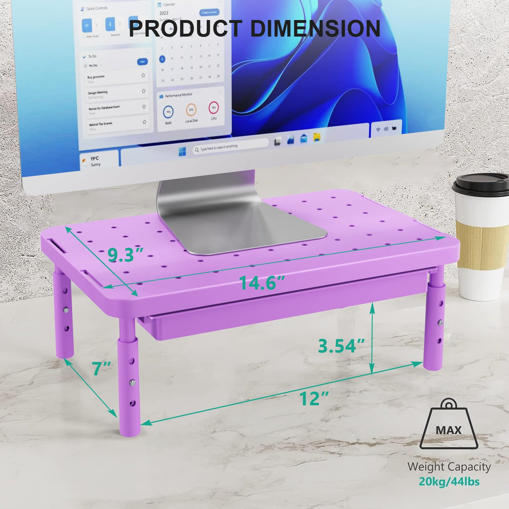 Computer Monitor Stand with Storage, Desk Monitor Riser 3 Height Adjustable, Laptop Riser with Airflow Vents, Desk Organizer for Computer, Laptop, Printer (PTT002-V), 1 Pack, Violet