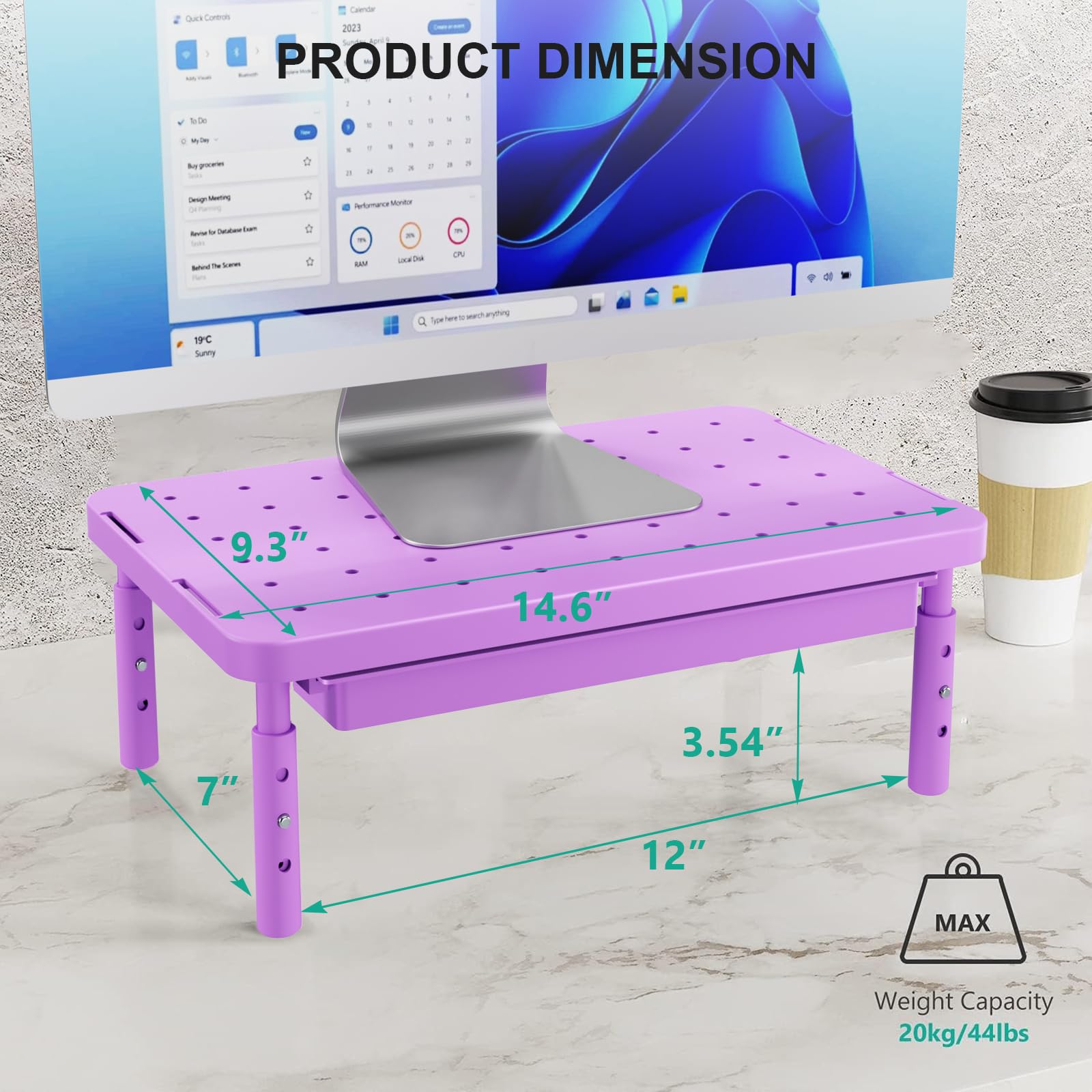 Computer Monitor Stand with Storage, Desk Monitor Riser 3 Height Adjustable, Laptop Riser with Airflow Vents, Desk Organizer for Computer, Laptop, Printer (PTT002-V), 1 Pack, Violet