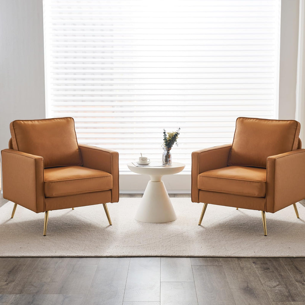Modern PU Leather Accent Chair Comfy Chair Arm Chair Reading Chair with Golden Metal Legs and Deep Seat for Office,Apartment,Small Space,Cognac
