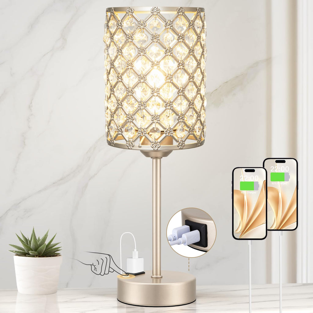 Champagne Gold Lamps for Night Stands, Crystal Table Lamp (Bulb Included)