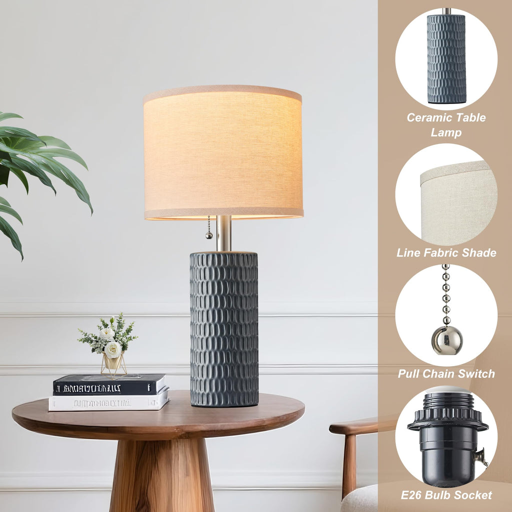 20.5" Modern Ceramic Table Lamps for Bedroom Set of 2, Bedside Lamps for Night Stands with Beige Lampshade, Farmhouse Table Lamp for Living Room Office Dorm, Grey