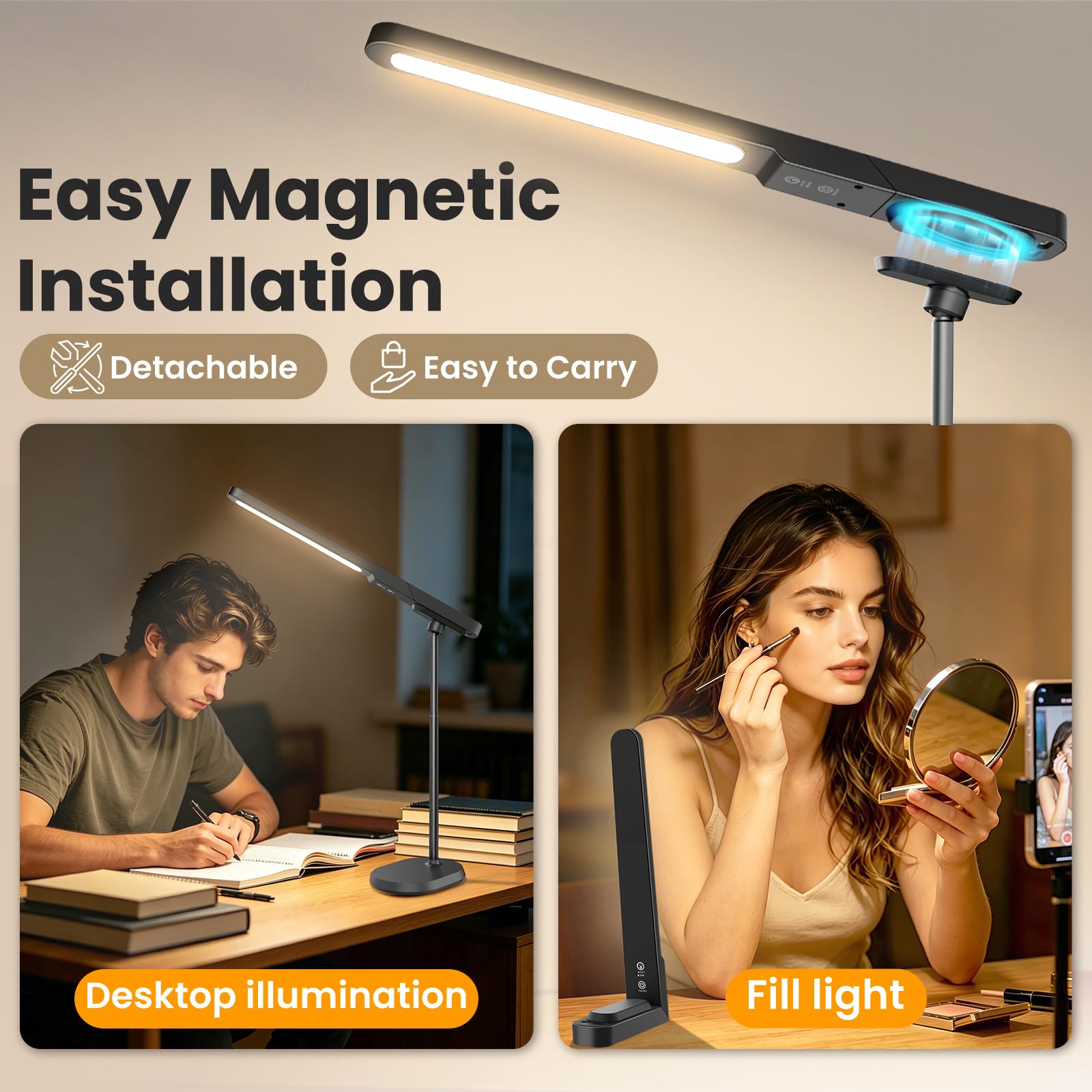 LED Desk Lamp, 3 Color Modes & Dimmable Brightness, Rechargeable Battery-Powered Reading Lamp, Portable Makeup Light, Desktop Lighting for Office, Reading, Puzzles, Working, Night Light