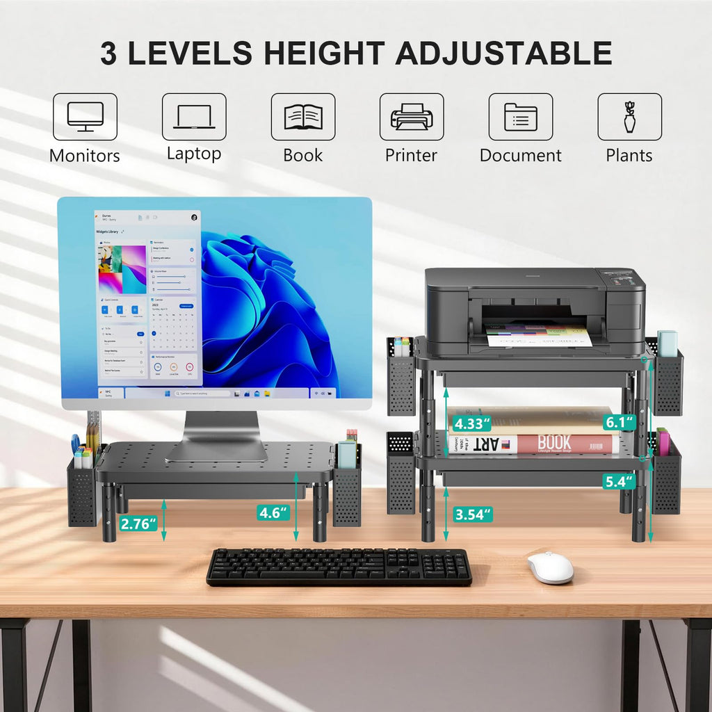 Computer Monitor Stand with Storage, Desk Organizer with Drawer and Pen Holder, Desk Monitor Riser 3 Height Adjustable, Laptop Riser for Computer, Laptop, Printer(PTT003-B), 1 Pack, Black
