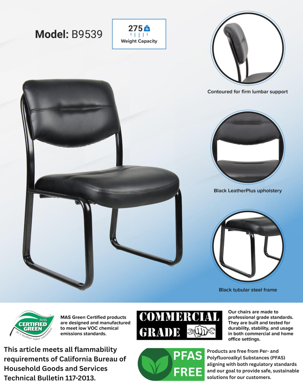 Leather Sled Base Side Chair in Black, 250