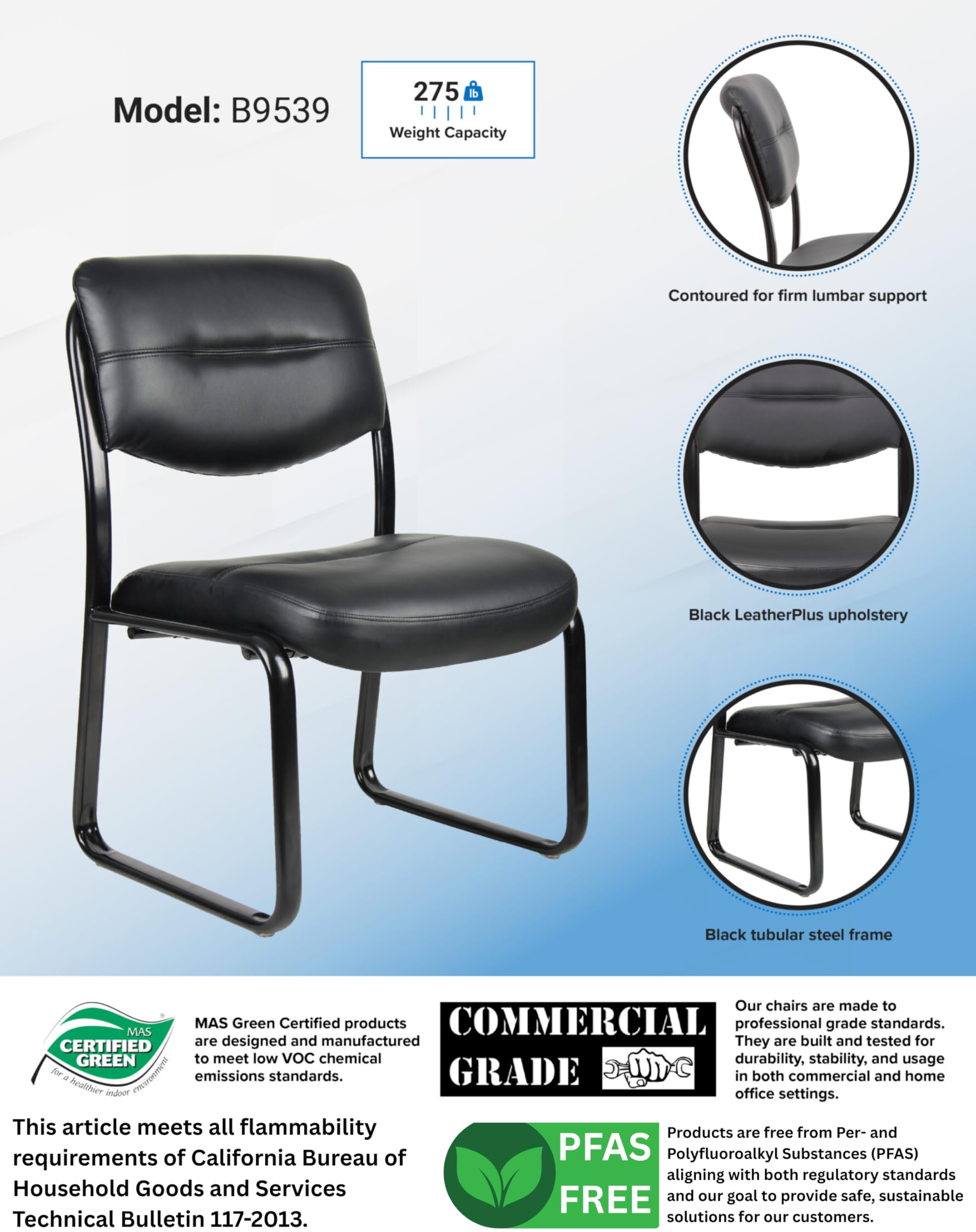 Leather Sled Base Side Chair in Black, 250