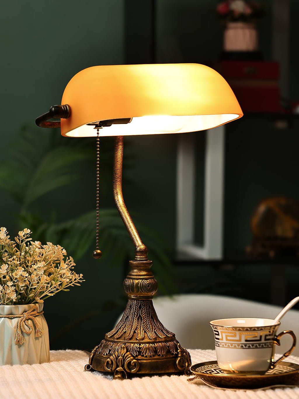 Vintage Amber Glass Bankers Desk Lamp,LED Bulb Included