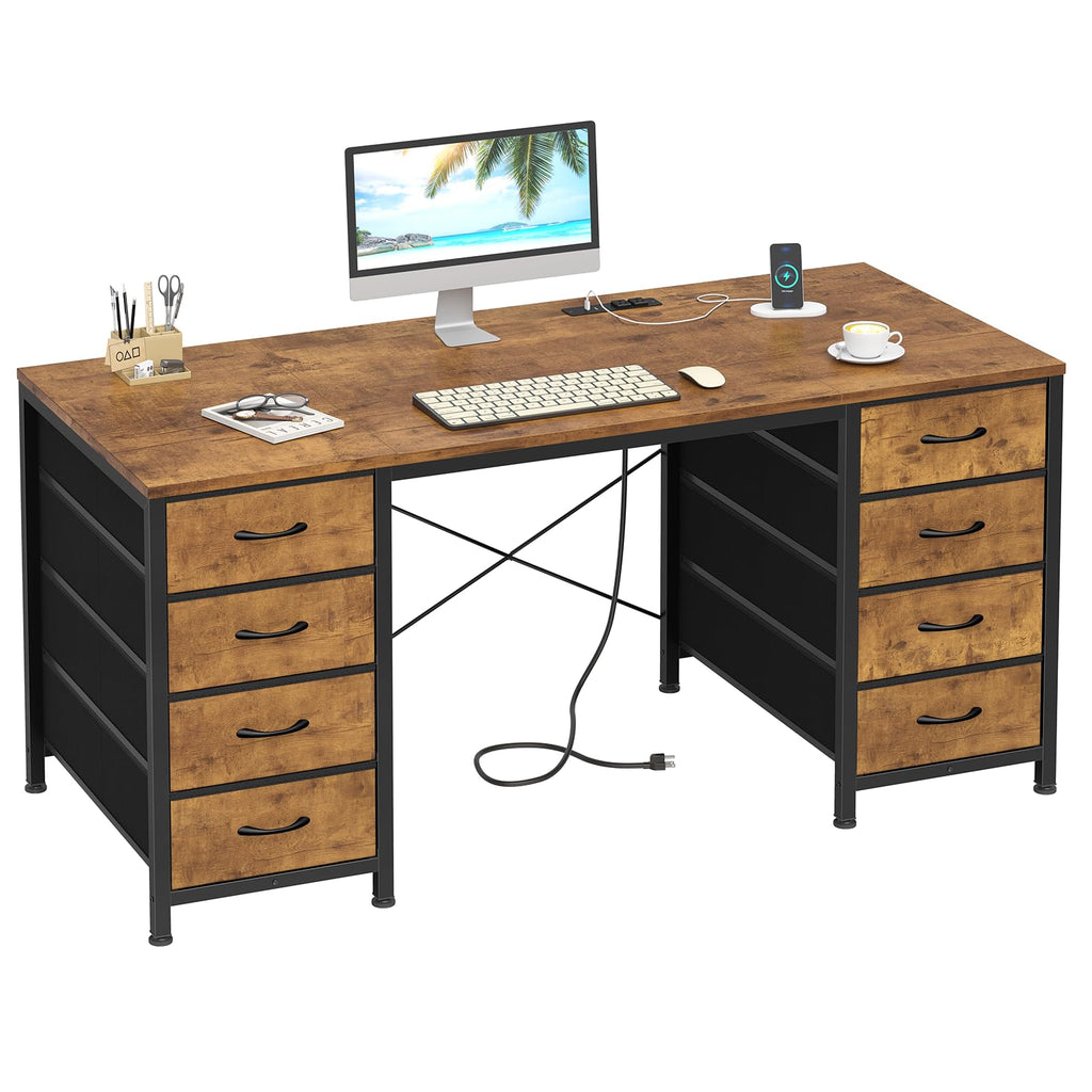 50 Inch Computer Desk with 8 Drawers, Home Office Desk with Power Outlets, Work Study Gaming Desk with 8 Fabric Drawers, Rustic Brown