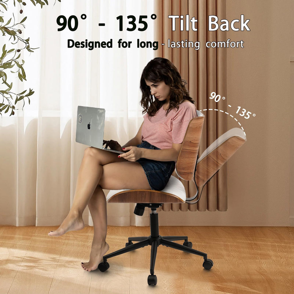 4Pack, Armless Home Office Chair, Desk Chair with Wheels, Adjustable Height Reading Chairs, Leather Mid Back & Swivel Computer Chairs, Modern Walnut with Back for Study Meeting Room(White)