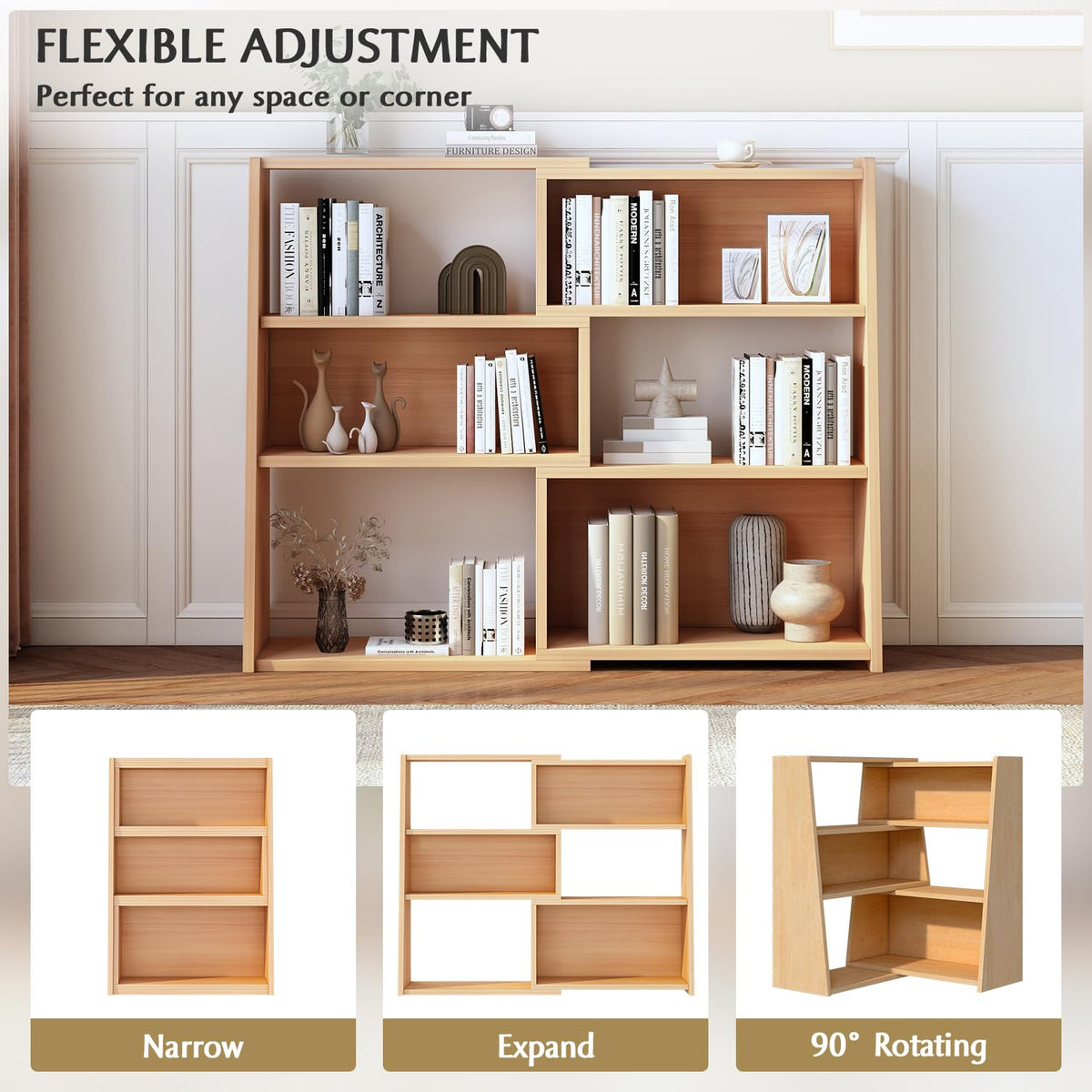 Wooden Extendable Shelf Bookcase, 3-Tier Low Bookshelf, Oak, S