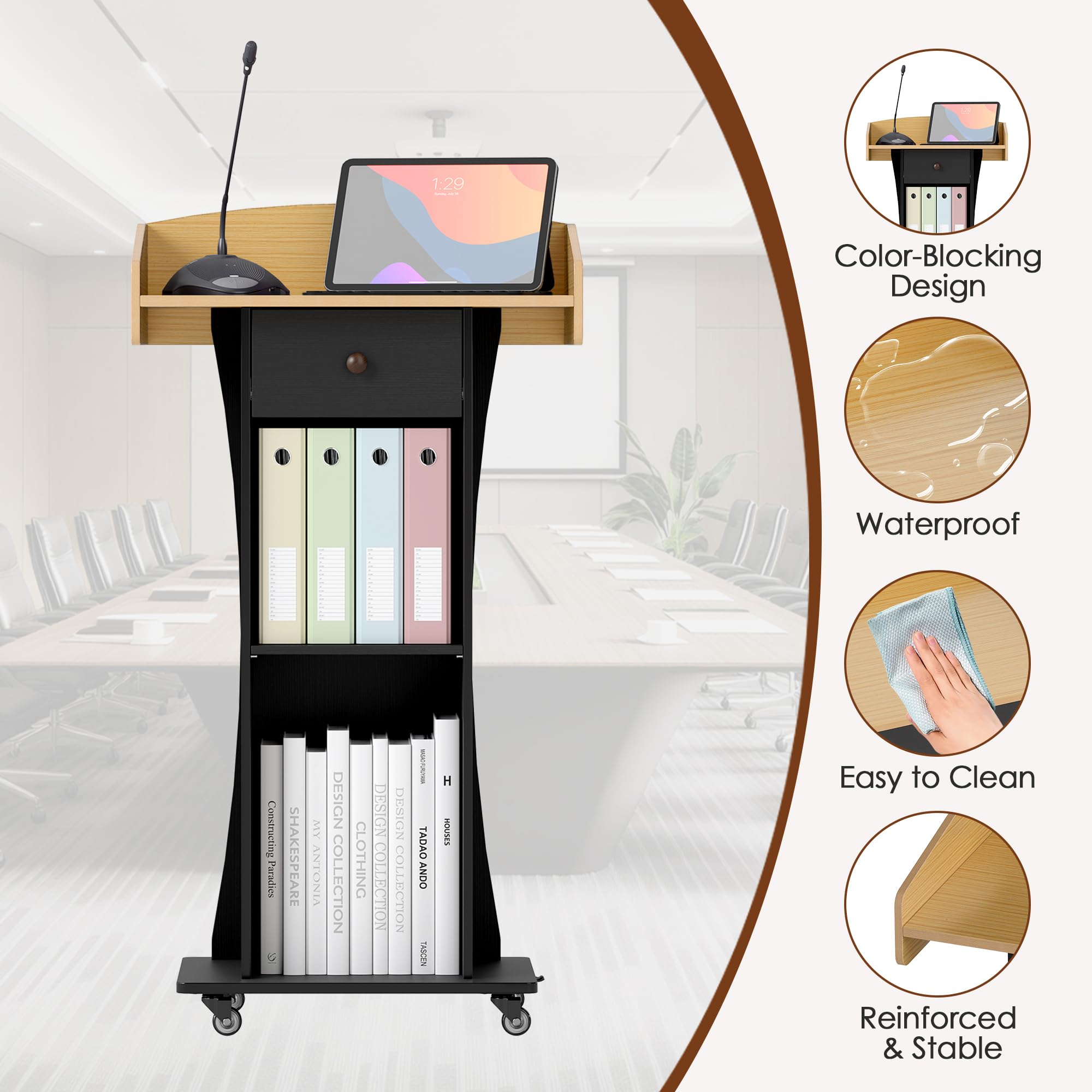 Podium Stand with Metal Wheels Wooden Teacher Lectern Portable Pulpit Standing with Drawer and Adjustable Shelf Mobile Rolling Reception Podiums for Church Office Classroom Lecture Meeting,Black+Oak