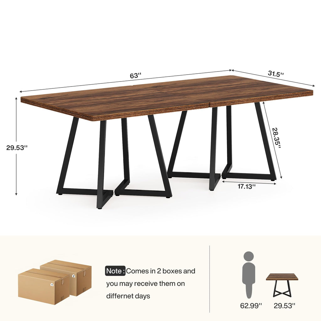 31.5" Square Conference Table Set of 2, 63" Industrial Office Meeting Table for 4-6 People, Business Podcast Furniture with Metal Base for Small Spaces, Office Conference, Brown
