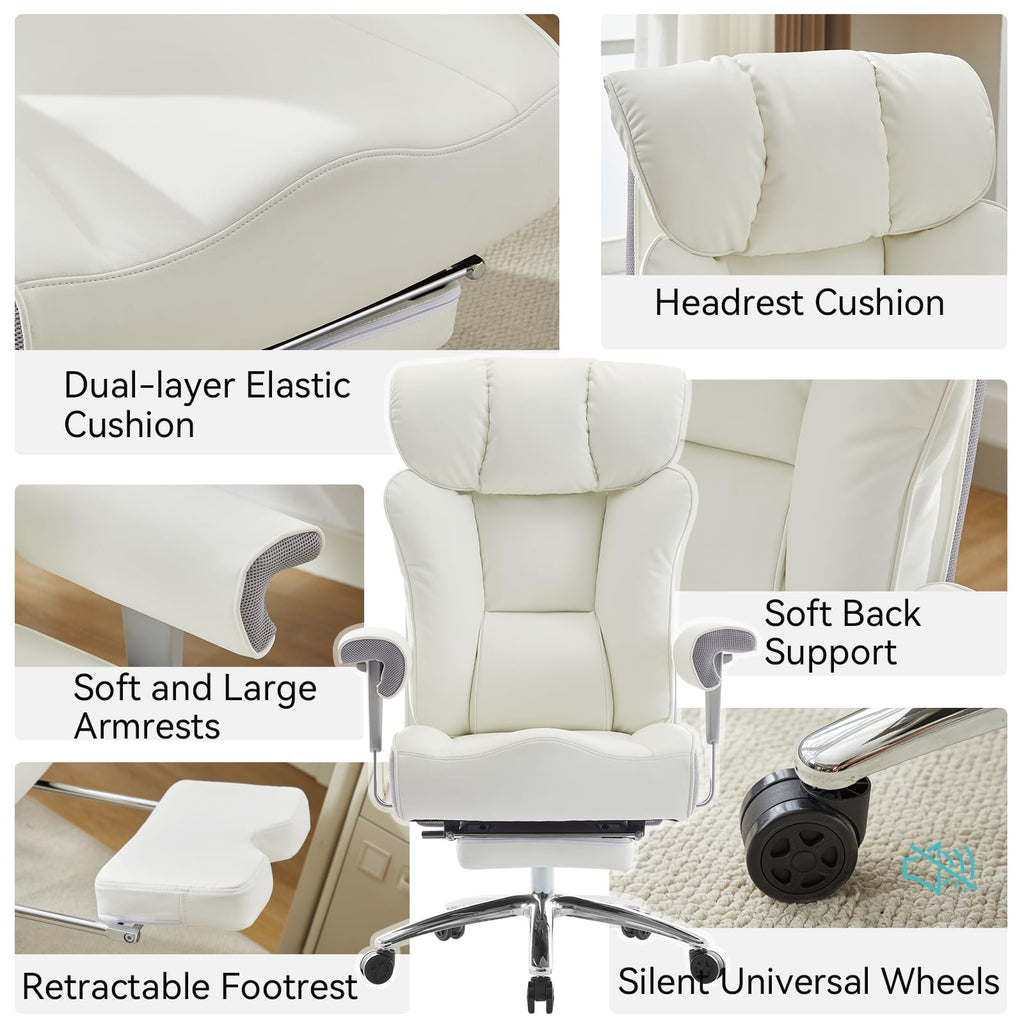 Big and Tall Office Chair with Footrest, 450lbs High Back Executive Chair with Spring Cushion, PU Leather Upholstery, Padded Armrests, Swivel Base, and Rolling Wheels – White Computer Chair